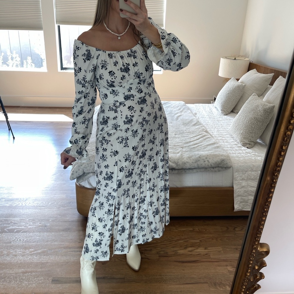 Floral Off-Shoulder Dress - White and Black